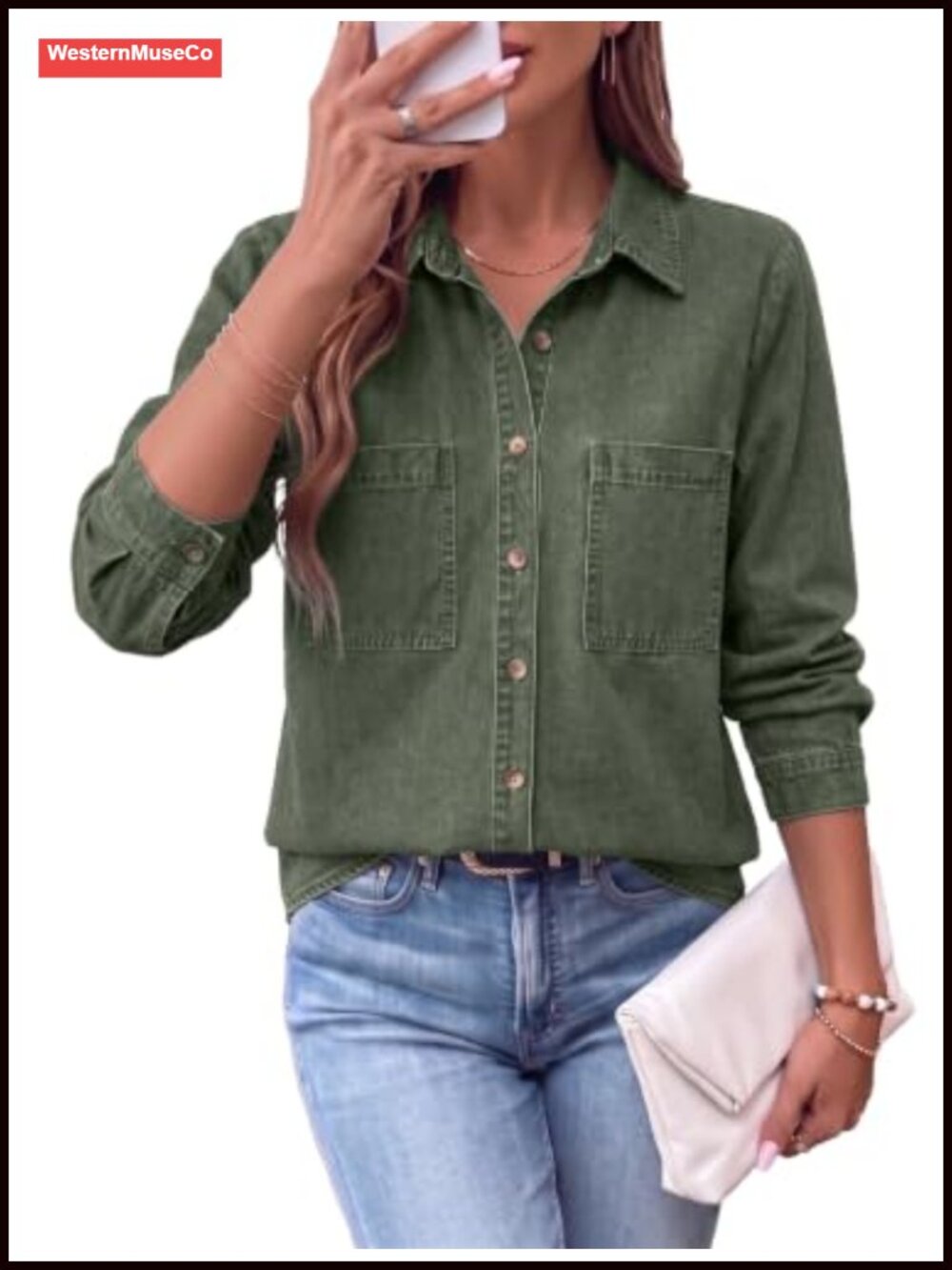 Womens Long Sleeve Button Down Collared Denim Shirt Relaxed Fit Casual Top